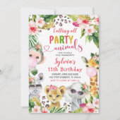 ヒョウ印刷ガールサファリ動物の誕生日パーティー 招待状 (正面)