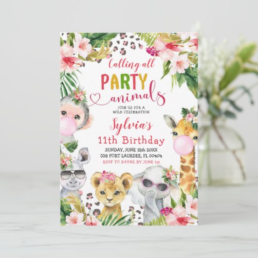 ヒョウ印刷ガールサファリ動物の誕生日パーティー 招待状 (スタンド正面)