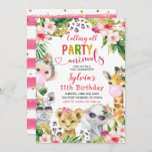 ヒョウ印刷ガールサファリ動物の誕生日パーティー 招待状 (正面/裏面)