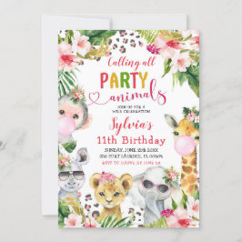 ヒョウ印刷ガールサファリ動物の誕生日パーティー 招待状