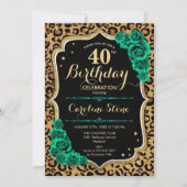 ヒョウ印刷グリーンバラ40歳の誕生日 招待状 (正面)