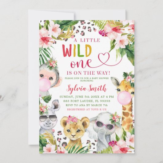 ヒョウ印刷サファリワイルドワンガールベビーシャワー 招待状 (正面)