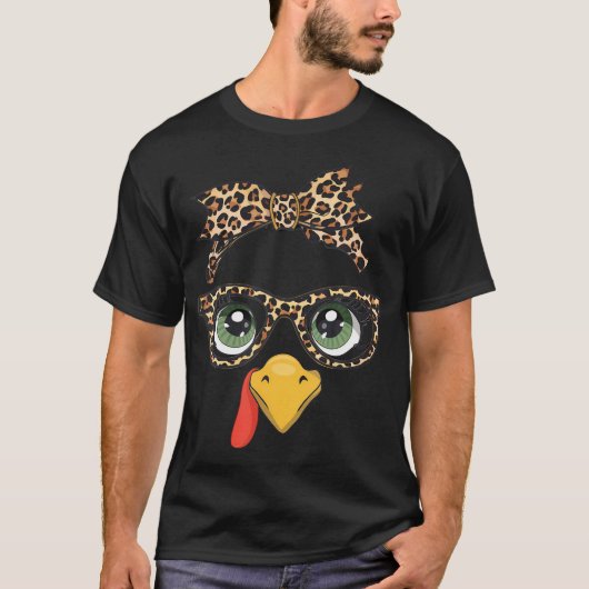 ヒョウ印刷サンクスギビング七面鳥顔眼鏡 Tシャツ (正面)