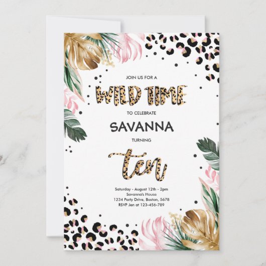 ヒョウ印刷ジャングルサファリ10th誕生日パーティー 招待状 (正面)