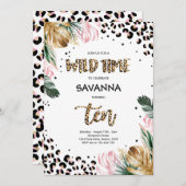 ヒョウ印刷ジャングルサファリ10th誕生日パーティー 招待状 (正面/裏面)