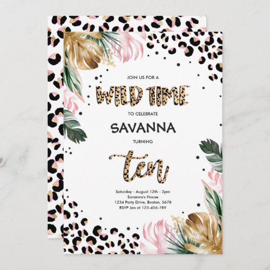 ヒョウ印刷ジャングルサファリ10th誕生日パーティー 招待状 (正面/裏面)