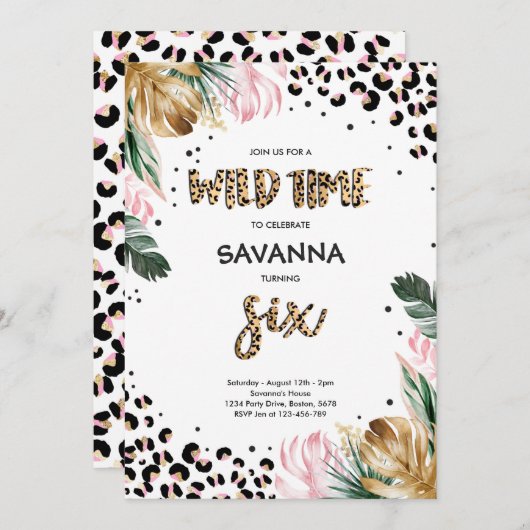ヒョウ印刷ジャングルサファリ6th誕生日パーティー 招待状 (正面/裏面)