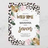 ヒョウ印刷ジャングルサファリ7th誕生日パーティー 招待状 (正面/裏面)