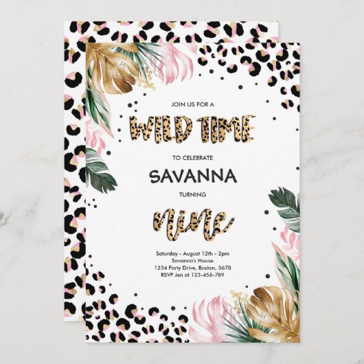 ヒョウ印刷ジャングルサファリ9th誕生日パーティー 招待状 (正面/裏面)