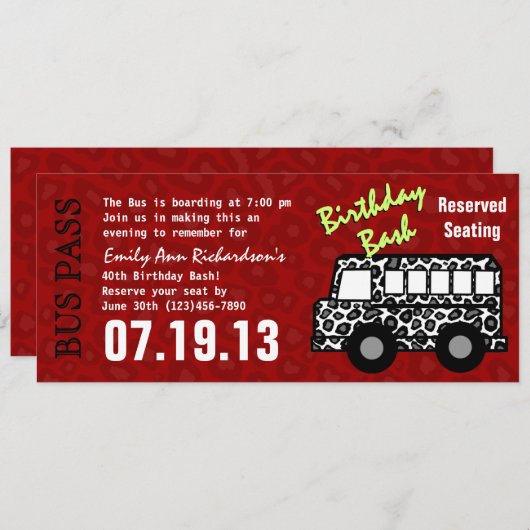 ヒョウ印刷バスパス誕生日パーティー プログラム (正面/裏面)