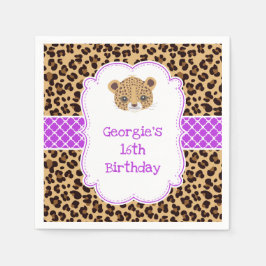 ヒョウ印刷パープルクローバー誕生日パーティー スタンダードカクテルナプキン