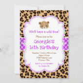 ヒョウ印刷パープルクローバー誕生日パーティー 招待状 (正面)