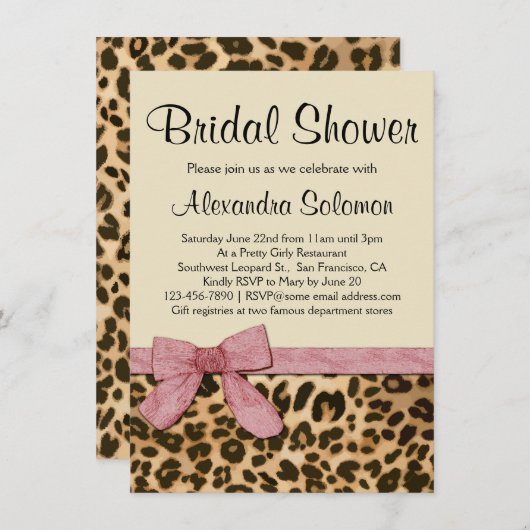 ヒョウ印刷ピンクボウブライダルシャワー招待 招待状 (正面/裏面)