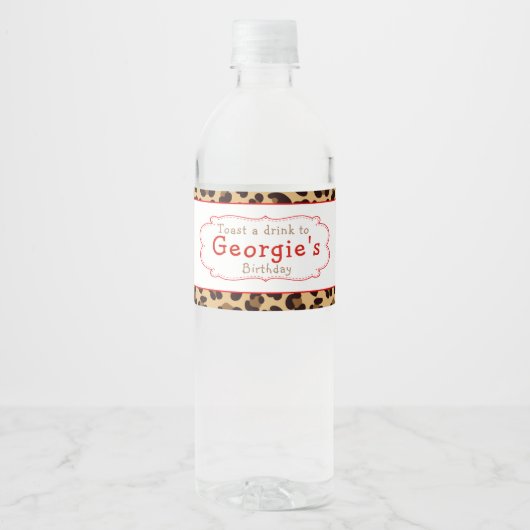 ヒョウ印刷レッドクローバー誕生日パーティー ペットボトルラベル (正面)