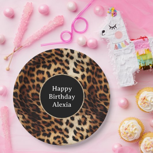 ヒョウ印刷金ゴールドグリッタースパークルフレーム誕生日 ペーパープレート (パーティー)