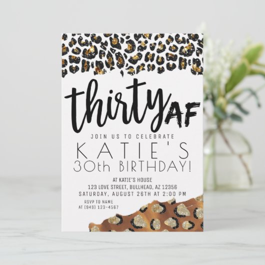 ヒョウ印刷30AF金ゴールドグリッター誕生日 招待状 (スタンド正面)