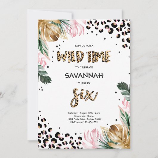 ヒョウ印刷6番目の誕生日サファリジャングルパーティー 招待状 (正面)