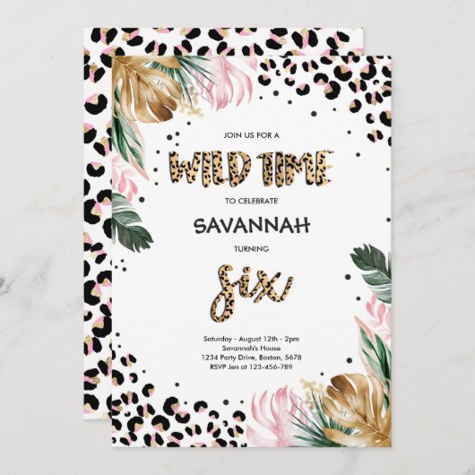 ヒョウ印刷6番目の誕生日サファリジャングルパーティー 招待状 (正面/裏面)