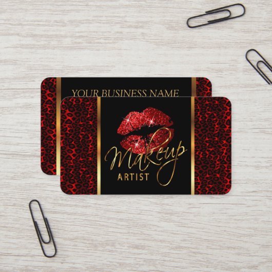 ヒョウ柄で赤い唇を持つ化粧家 名刺 (正面/裏面インサイチュ)