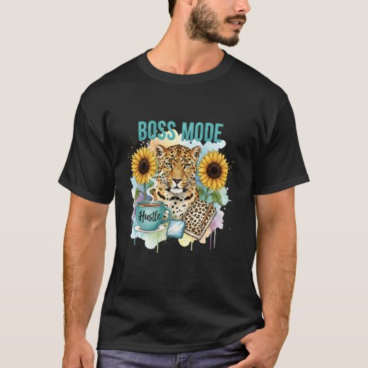 ヒョウ柄とひまわりのボスモードデザイン W用 Tシャツ (正面)