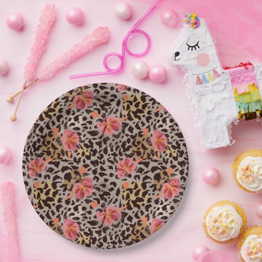 ヒョウ柄とピンクの花 ペーパープレート (パーティー)