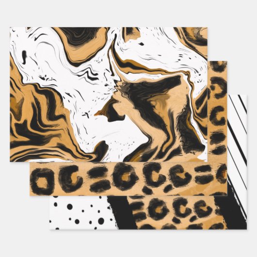 ヒョウ柄とブラックとホワイトのストライプと水玉模様 ラッピングペーパーシート (セット)