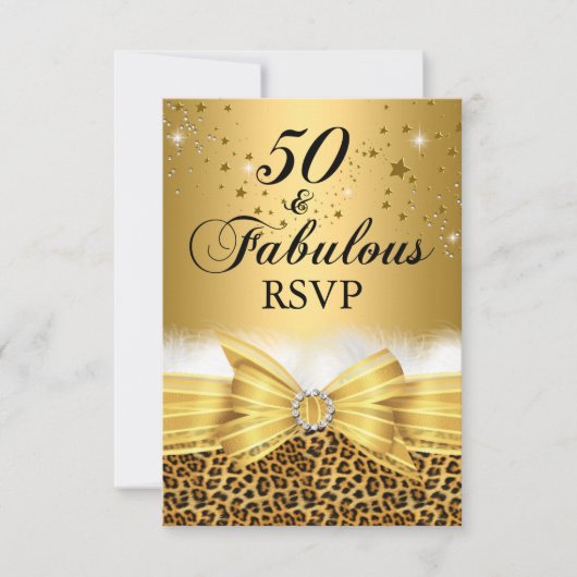 ヒョウ柄とリボンの50歳バースデーRSVP ゴールド 出欠カード (正面)