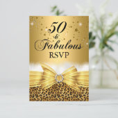 ヒョウ柄とリボンの50歳バースデーRSVP ゴールド 出欠カード (スタンド正面)
