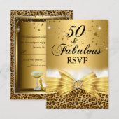 ヒョウ柄とリボンの50歳バースデーRSVP ゴールド 出欠カード (正面/裏面)
