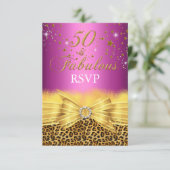 ヒョウ柄とリボン ピンク 50歳のお祝い RSVP 招待状 (スタンド正面)