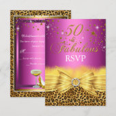 ヒョウ柄とリボン ピンク 50歳のお祝い RSVP 招待状 (正面/裏面)
