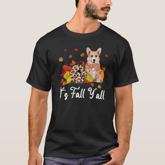 ヒョウ柄のかぼちゃが落ちる 秋だね、みんな 黄色のコーギー Tシャツ (正面)