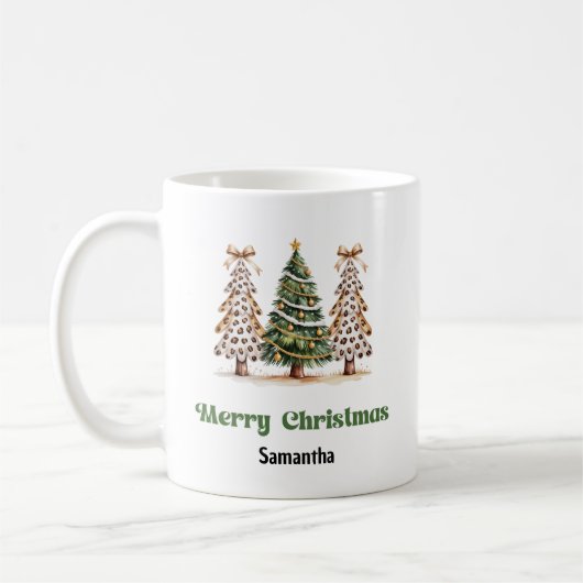 ヒョウ柄のクリスマスツリー カスタムネーム マグカップ (左)