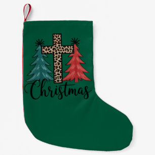 ヒョウ柄のクロス+クリスマスツリー+クリスチャン スモールクリスマスストッキング