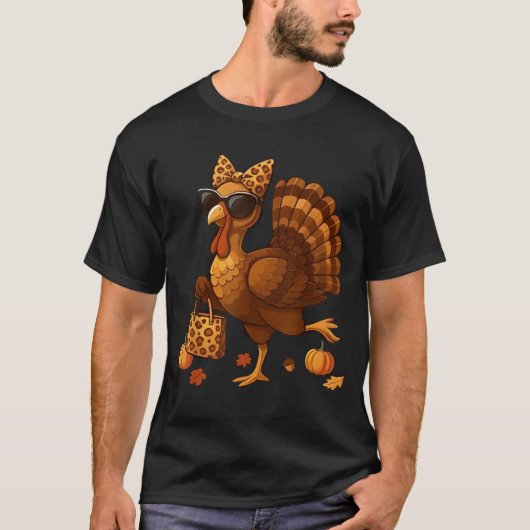 ヒョウ柄のサングラスをかけた七面鳥 おもしろい感謝祭 Tシャツ (正面)