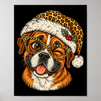 ヒョウ柄のサンタ帽をかぶったボクサー犬の面白いクリスマスデザイン ポスター
