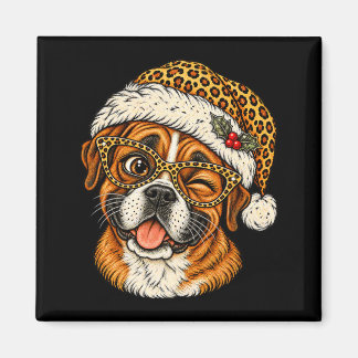 ヒョウ柄のサンタ帽をかぶった面白いクリスマスのボクサー マグネット