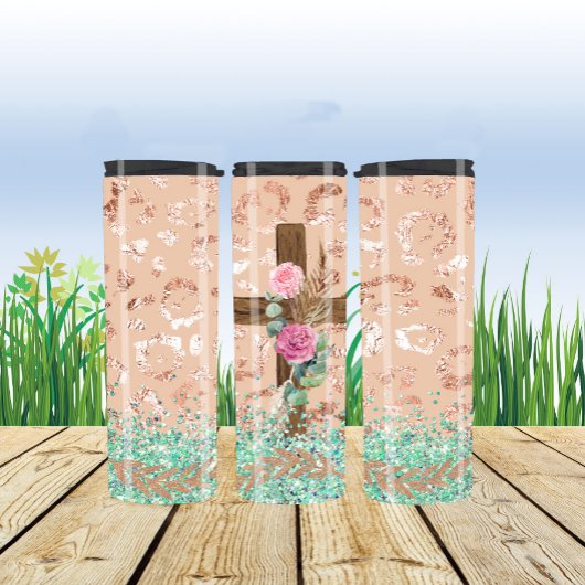 ヒョウ柄のフローラデザイン付き木製クロス タンブラー