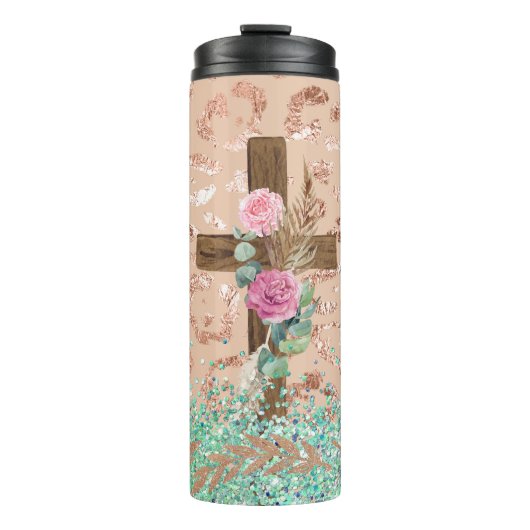 ヒョウ柄のフローラデザイン付き木製クロス タンブラー (正面)