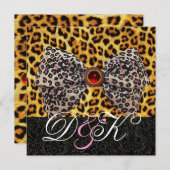 ヒョウ柄のリボン、赤ルビーとブラックダマスクのモノグラム 招待状 (正面/裏面)