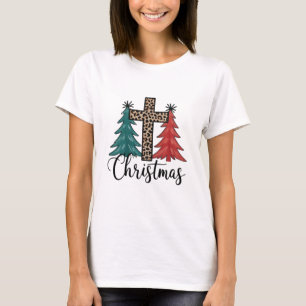 ヒョウ柄の十字架とクリスマスツリーのキリスト教デザイン Tシャツ