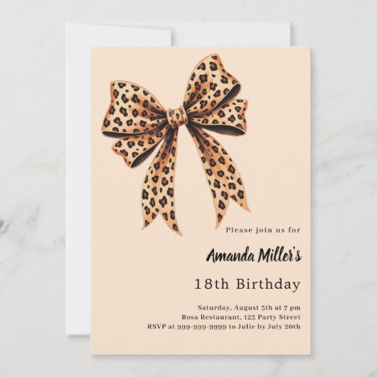 ヒョウ柄の弓の茶色のベージュ誕生日 招待状 (正面)