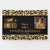 ヒョウ柄の楽しいお誕生日をお祝いするクイーンの50歳の誕生日フォト 横断幕 (横)