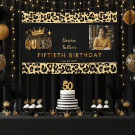 ヒョウ柄の楽しいお誕生日をお祝いするクイーンの50歳の誕生日フォト 横断幕