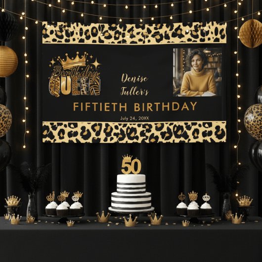 ヒョウ柄の楽しいお誕生日をお祝いするクイーンの50歳の誕生日フォト 横断幕