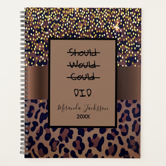 ヒョウ柄の茶色やる気を起こさせる黒 プランナー手帳 (正面)