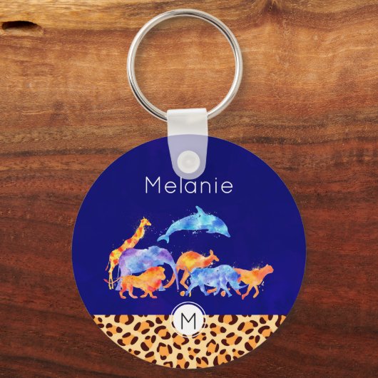 ヒョウ柄の野生動物のモノグラム入り キーホルダー (正面)