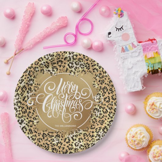 ヒョウ柄の金ゴールドホイルフェイクメリークリスマス ペーパープレート (パーティー)