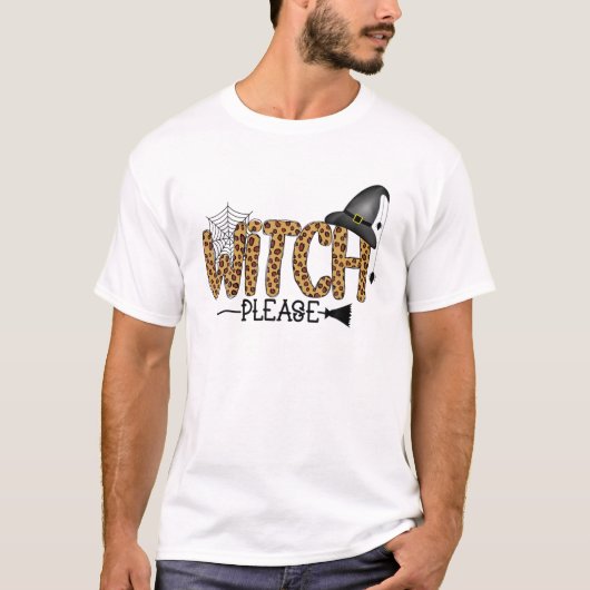 ヒョウ柄の魔女お願いハロウィーンブロムスティック Tシャツ (正面)
