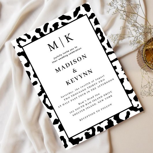 ヒョウ柄の黒と白のウェディング 招待状